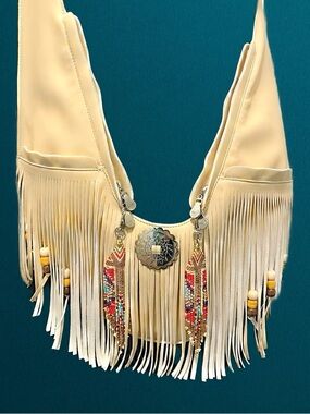 Sash Bag Vegan Leather Tan Fringed Crossbody Bag with Embellishments